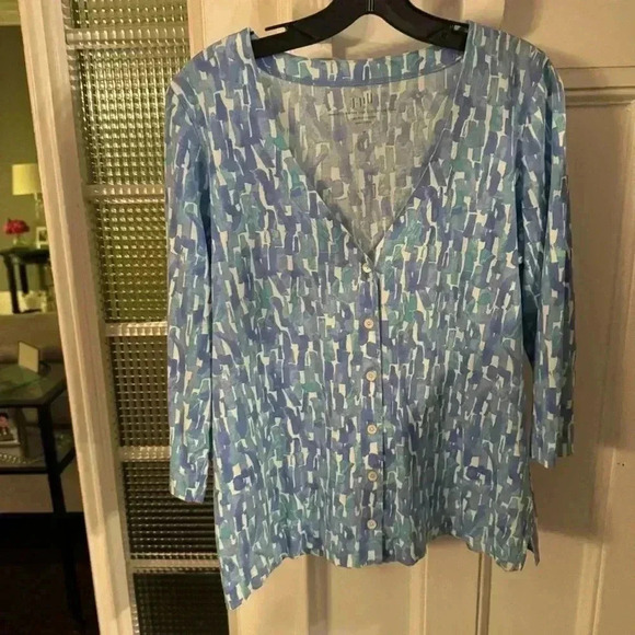 J. Jill Womens Printed Extra Fine Pima Cottton Cardigan Sweater Size M Blue NWOT - Picture 2 of 7